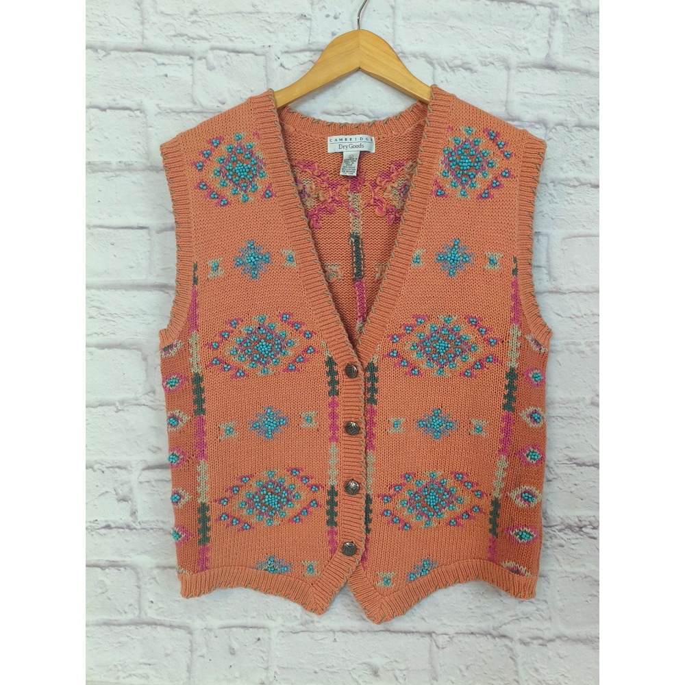 Cambridge Dry Goods Vintage Southwestern Beaded Knit Sweater Vest Peachy Large
